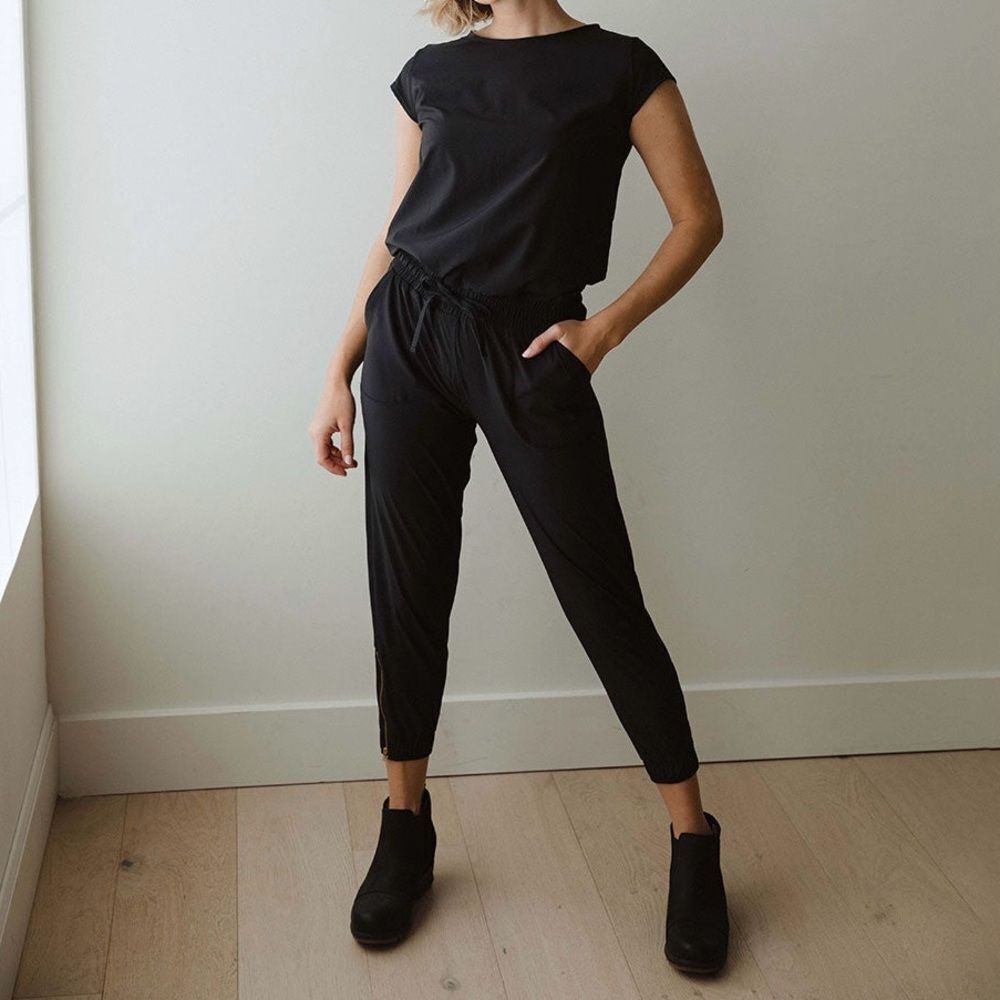 Albion Fit Cap Sleeve Jumpsuit Black Elastic Waist One Piece Size Small Petite
